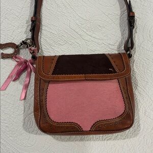 Facondini Pink Cowhide and Tan Genuine Leather Purse Long Shoulder Strap Italy
